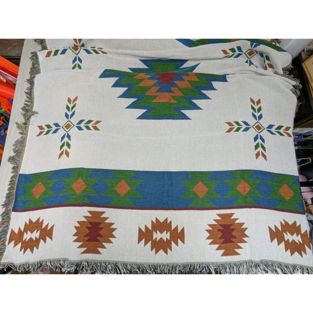 Southwest Woven Throw Blanket Fringed Edges blue green rust orange red